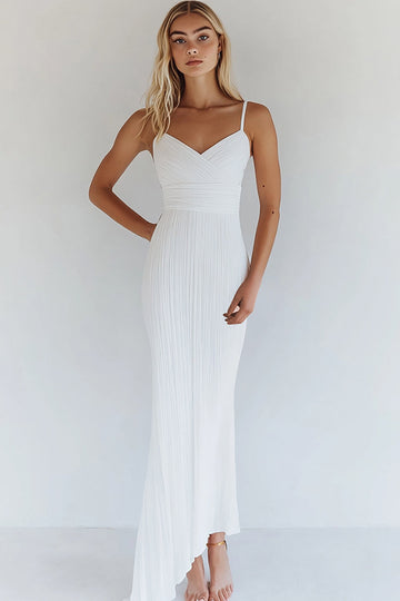 White Spaghetti Straps Pleated Sheath Engagement Dress